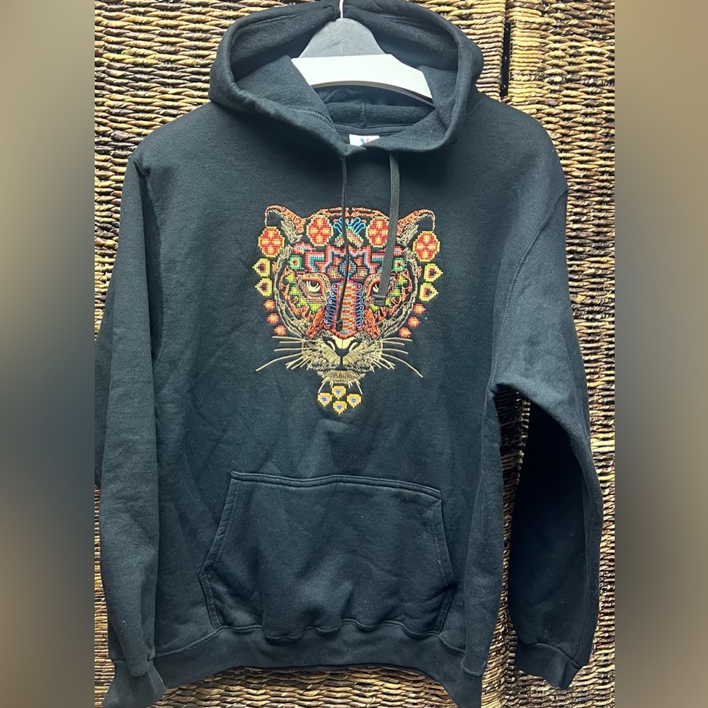 Yazbek- Custom Full Front Embroidered Black Hoodie with Tiger‎ Design- Medium
